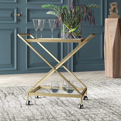 Elegant Golden Finish Drink Cart With Crossed Metal Frame