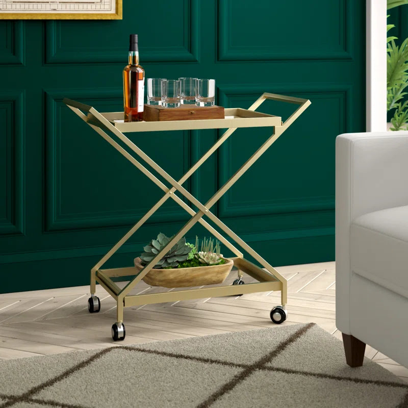 Elegant Golden Finish Drink Cart With Crossed Metal Frame