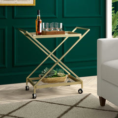 Elegant Golden Finish Drink Cart With Crossed Metal Frame
