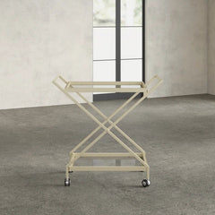 Elegant Golden Finish Drink Cart With Crossed Metal Frame