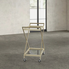Elegant Golden Finish Drink Cart With Crossed Metal Frame