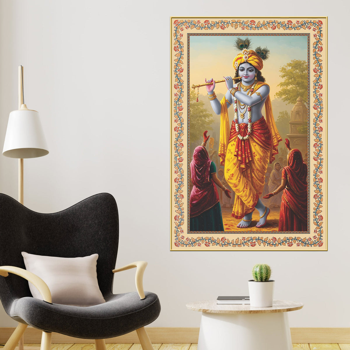Buddha Rainbow Flowers Border Vertical Canvas Wall Painting