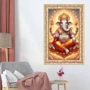 Ganesha Blessings and Prosperity Floral Border Vertical Wall Painting