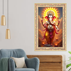 Ganesha with Sun Floral Border Vertical Canvas Wall Painting