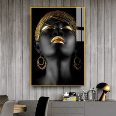 Beautiful Black and Gold African Woman Fantastic Make Up Face Acrylic Wall Paintings