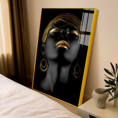 Beautiful Black and Gold African Woman Fantastic Make Up Face Acrylic Wall Paintings
