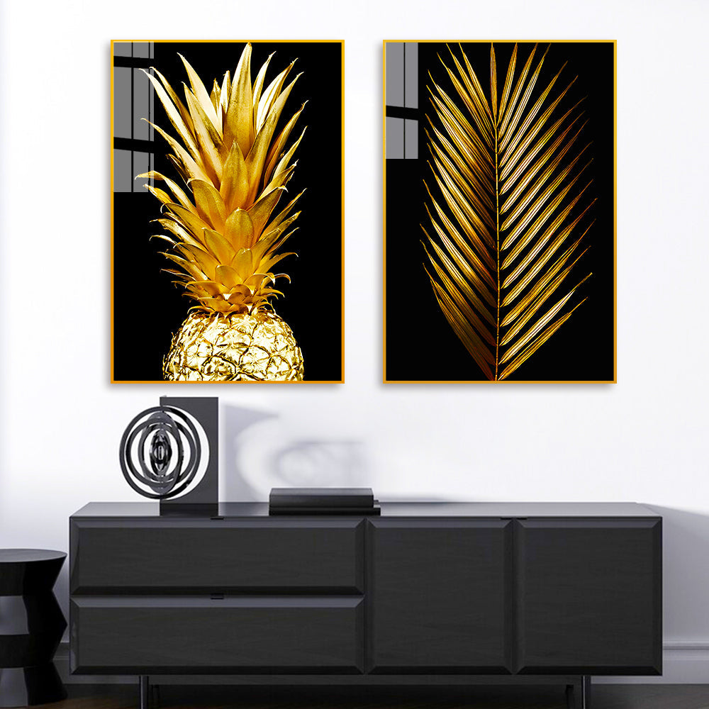 Beautiful Golden Pineapple & Palm Leaf Modern Acrylic Wall Paintings & Arts