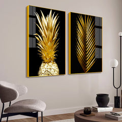 Beautiful Golden Pineapple & Palm Leaf Modern Acrylic Wall Paintings & Arts