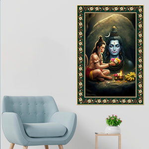 Hanuman Worship Shiva Floral Border Vertical Wall Painting