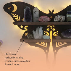 Premium Butterfly Wood Wall Shelves Large Size / Backlit Book Shelf, Walnut Finish - Brown