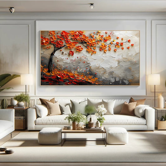 Vibrant Orange Blossom Tree Canvas Painting, Textured Wall Art, Large Canvas Art, Modern Abstract Painting, Autumn Tree Art