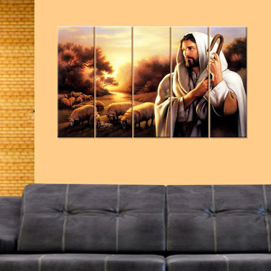 Jesus The Savior Spiritual Wall Painting On Canvas In Multiple Frames - 5 Panel Sets