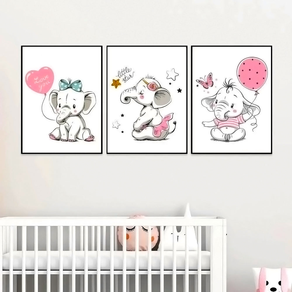 Little Princess Elephant Kids Room Wall Frame Set of 3