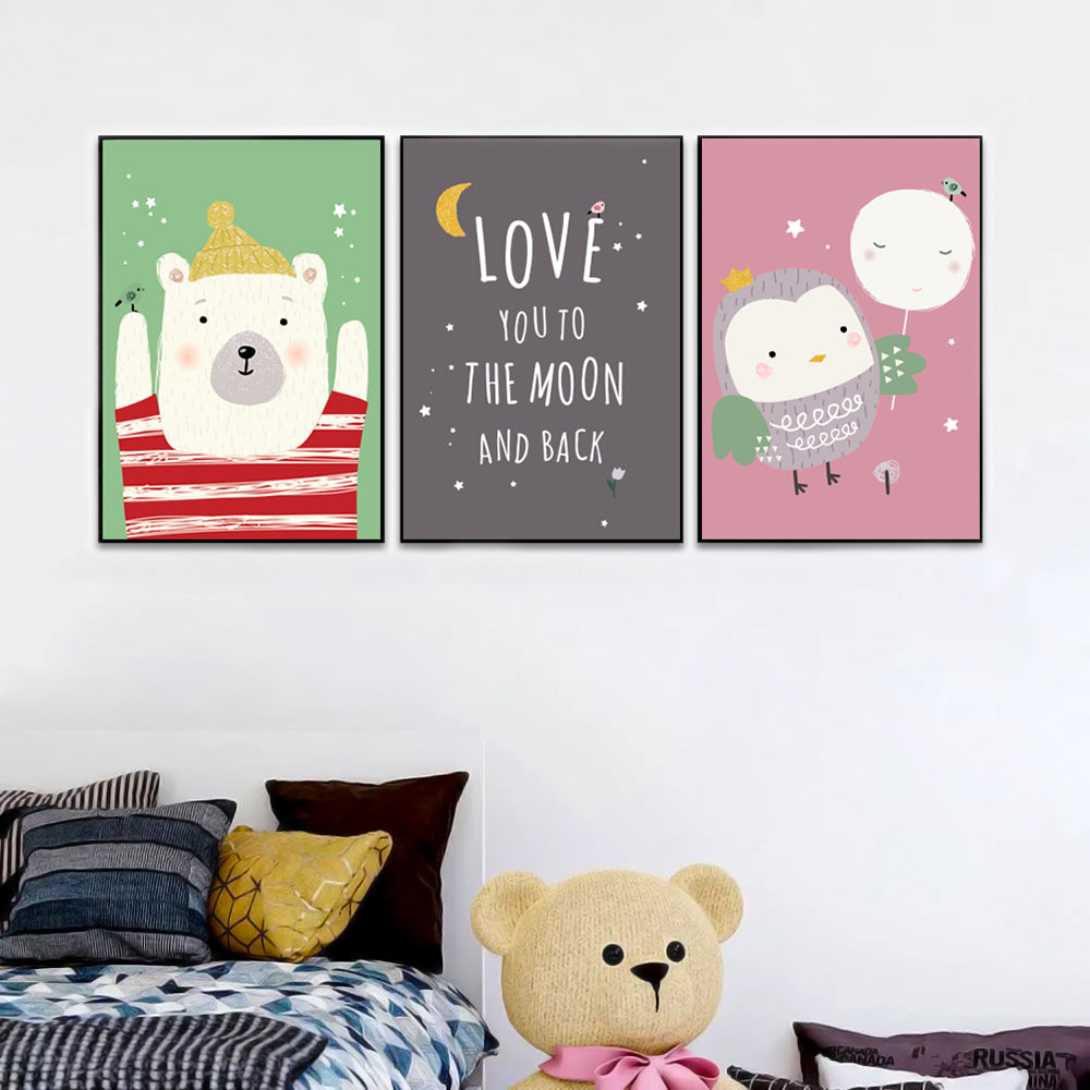 Baby Bear &amp; Owl Kids Room Wall Frame Set of 3