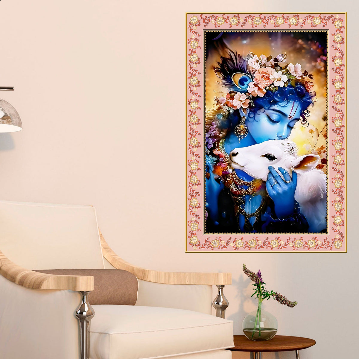 Krishna The Little Cowherd Floral Border Vertical Wall Painting