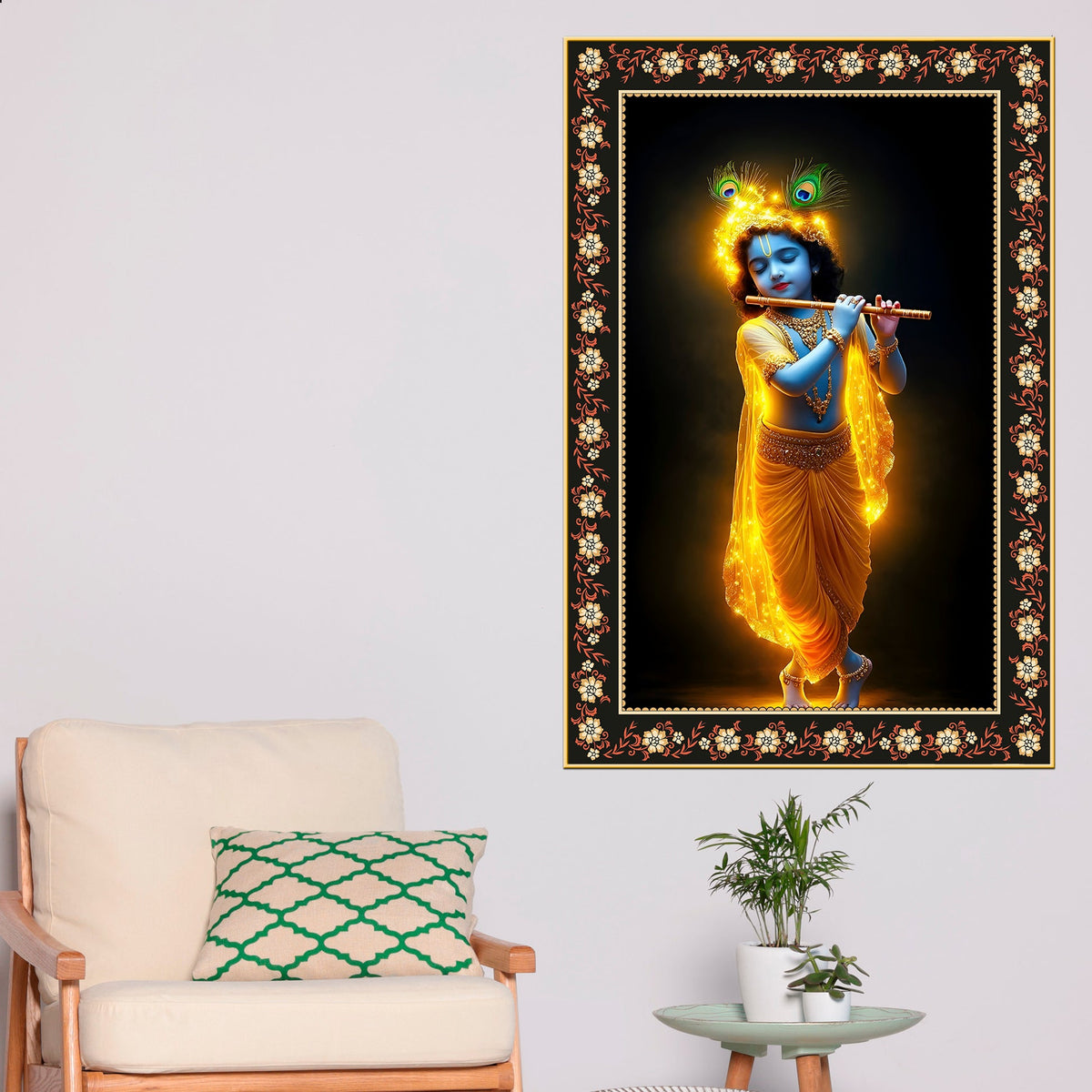 Little Krishna Playing Flute Floral Border Vertical Wall Painting