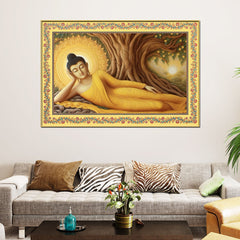 Lord Buddha in Reclining Posture Floral Border Canvas Wall Painting