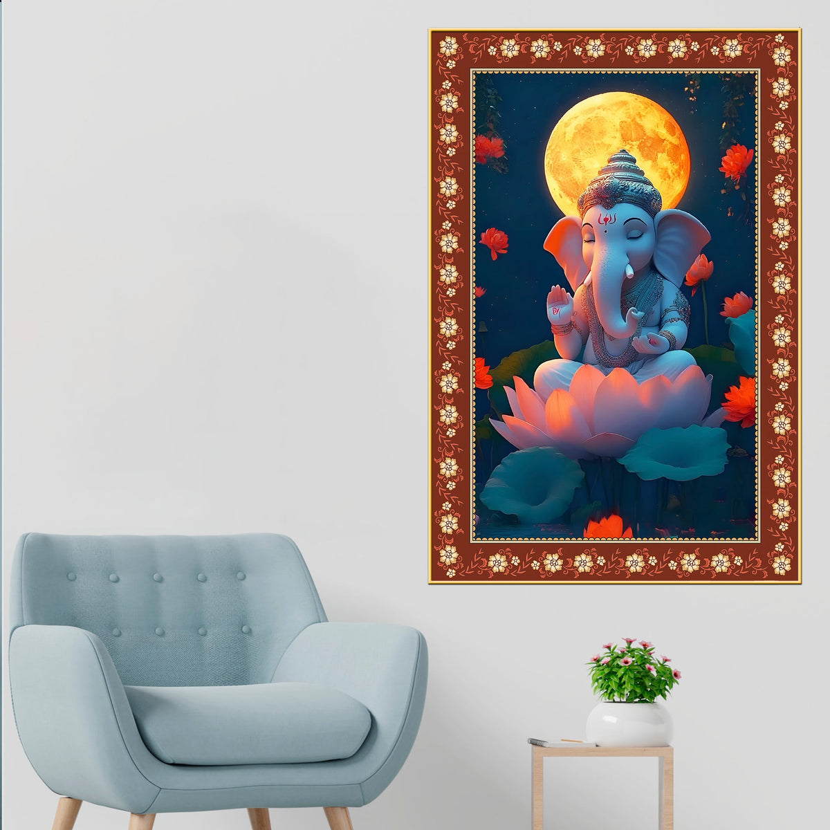 Lord Ganesha in Meditation Floral Border Vertical Wall Painting