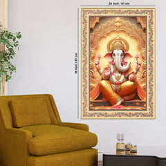 Lord Ganesha Floral Border Vertical Canvas Wall Painting