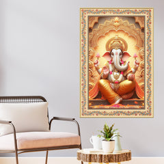 Lord Ganesha Floral Border Vertical Canvas Wall Painting