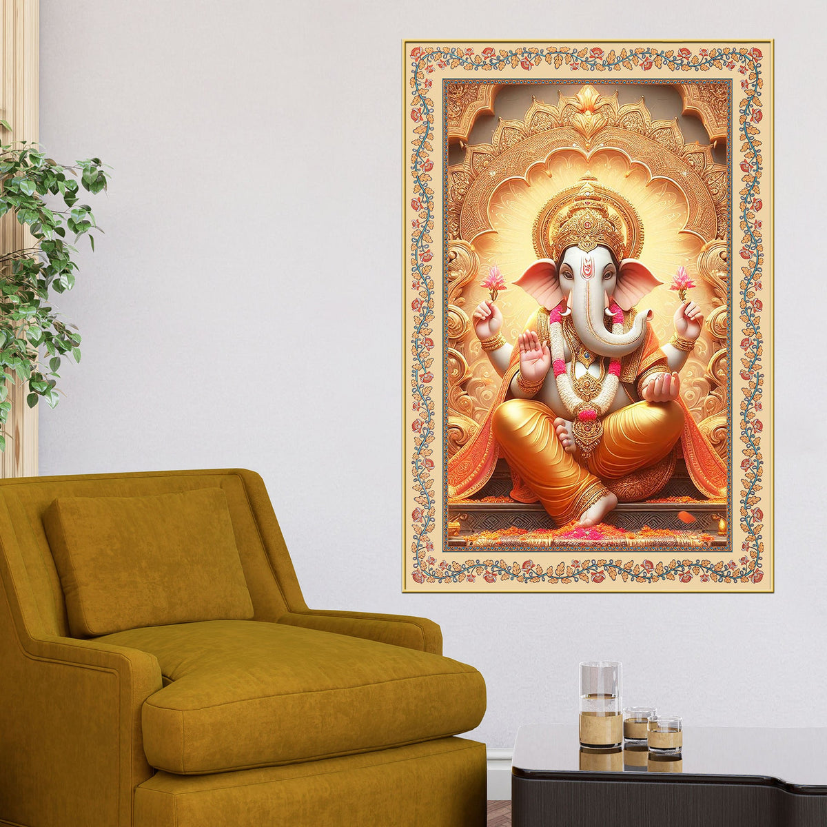 Lord Ganesha Floral Border Vertical Canvas Wall Painting