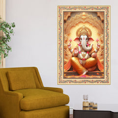 Lord Ganesha Floral Border Vertical Canvas Wall Painting