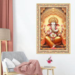 Lord Ganesha Floral Border Vertical Canvas Wall Painting