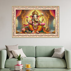 Lord Ganesha Seated on Throne Floral Border Wall Painting