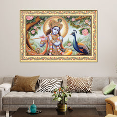 Lord Krishna Playing Flute Floral Border Canvas Wall Painting