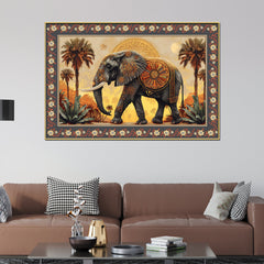 Mandala Design Elephant in Sunset Floral Border Canvas Wall Painting