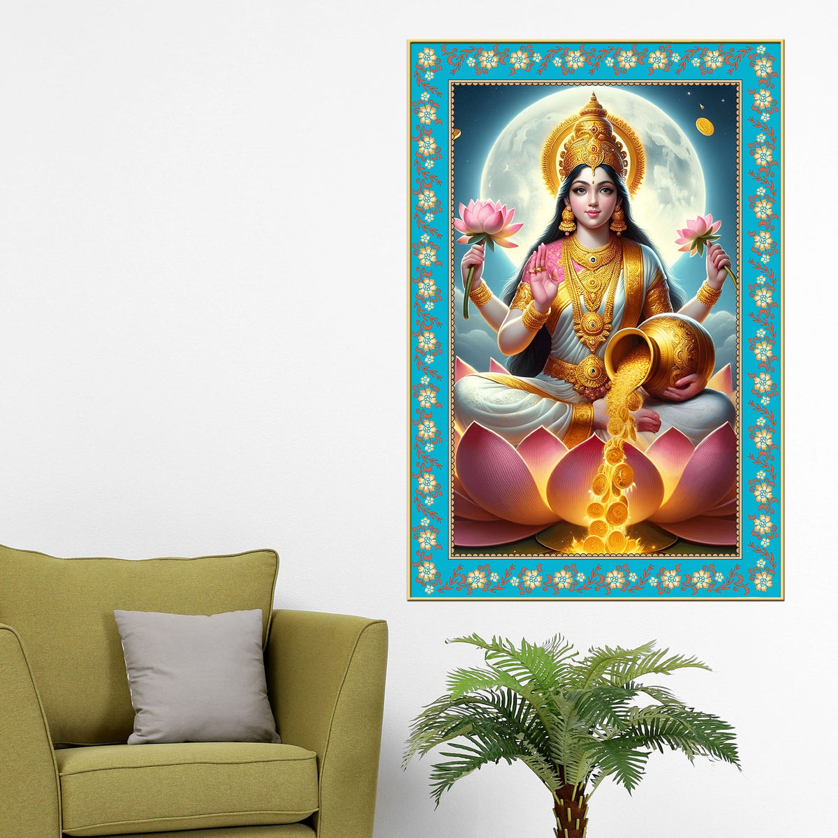 Flute of the Divine Floral Border Vertical Canvas Wall Painting