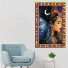 Modern Art Shiva Parvati Floral Border Vertical Wall Painting