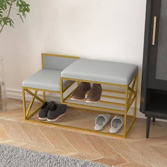 Modern Bench Gray Velvet with Shoe Organizer Rack