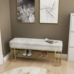 Modern Gray Velvet Upholstered Bench with Shoe Rack Storage