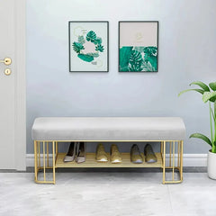 Modern Gray Velvet Upholstered Bench with Shoe Rack Storage
