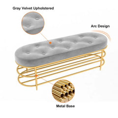 Modern Upholstered Gray Velvet Bench with Shoe Storage