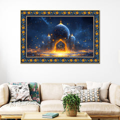 Mosque Night View from Arch Arabic Floral Border Canvas Wall Painting