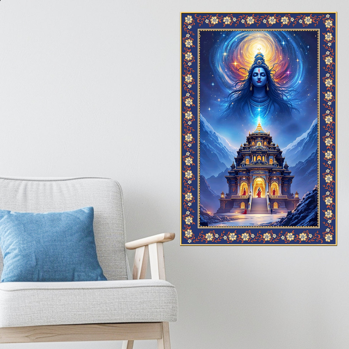 Mystical Himalayan Mandir with Shiva Floral Border Vertical Wall Paint
