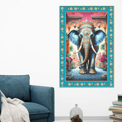 Lord Ganesha on Throne Floral Border Vertical Canvas Wall Painting