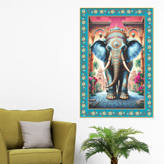 Lord Ganesha on Throne Floral Border Vertical Canvas Wall Painting