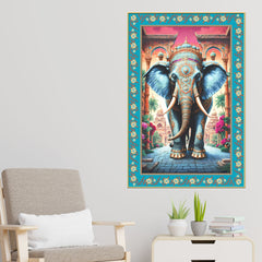 Lord Ganesha on Throne Floral Border Vertical Canvas Wall Painting
