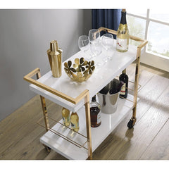 Rolling White Bar Trolley With Sophisticated Golden Metal Finish