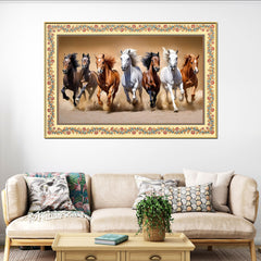 Seven Horses Running in Desert Floral Border Canvas Wall Painting