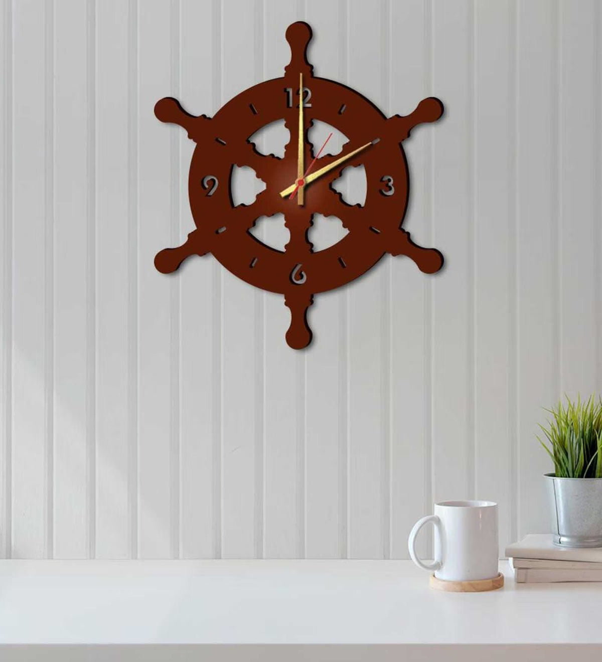 Brown MDF Ship Wheel Modern Wall Clock