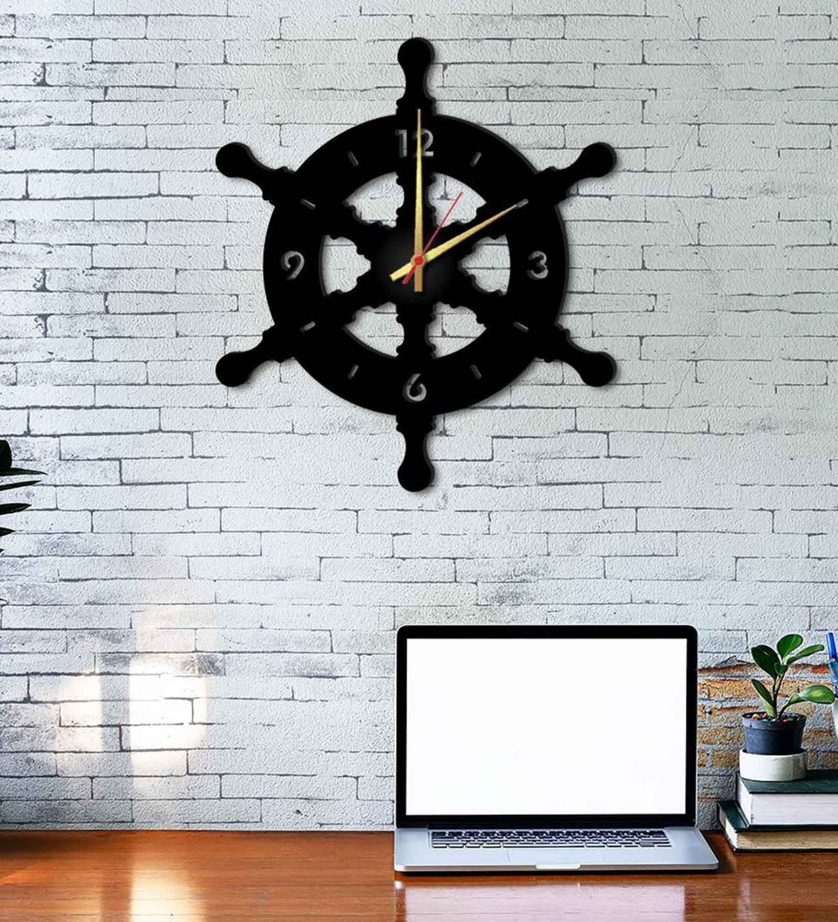 Black MDF Ship Wheel Modern Wall Clock