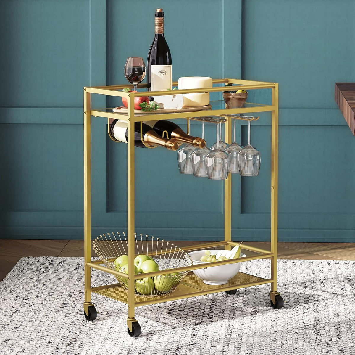 Sleek Gold Bar Cart Trolley With Wine Bottle Glass Racks