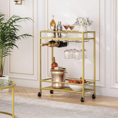 Sleek Gold Bar Cart Trolley With Wine Bottle Glass Racks