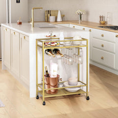 Sleek Gold Bar Cart Trolley With Wine Bottle Glass Racks