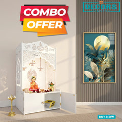 Intricate Jali Wooden Floor Temple with Spacious Shelf & Inbuilt Focus Light- White | Abstract Golden Plant Leaves Picture Acrylic Wall Paintings & Arts