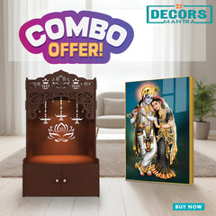 Lotus Pattern MDF Wood Temple with Spacious Shelf & Inbuilt Focus Light- Brown with Acrylic Radha Krishna canvas painting